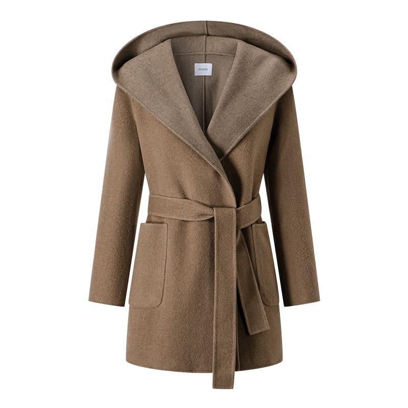 

PORTS Женское пальто из смесовой шерсти с капюшоном и поясом, Осень 2025 S