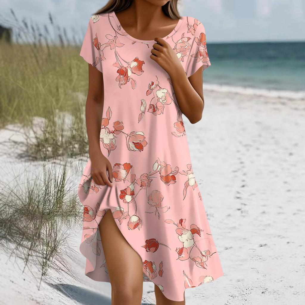 Women's Summer Short Sleeve Round Neck Floral Print Bohemian Dress With Pockets