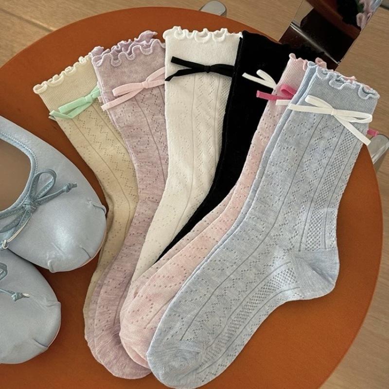 Ballet Bow Socks Summer Thin Fungus Edge Stacking Socks Breathable Hollow Mesh Lolita Medium Tube Socks