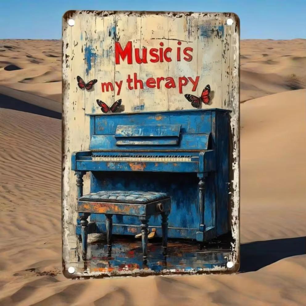 "Music Is My Therapy" Piano Metal Plaque – Warm Wall Decor for Garages, Cafés, Bars    Living Rooms