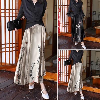Maxi Skirt High Waist Bird Vintage Skirt Elegant Flower Skirt Print Hanfu Pleated Lace-up