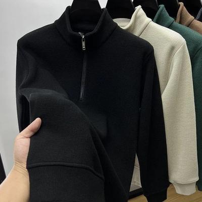 Felpa con cappuccio calda da uomo per l'inverno, tinta unita, con colletto alto, mezza zip, con velluto spesso, per T-shirt casual da uomo a maniche lunghe