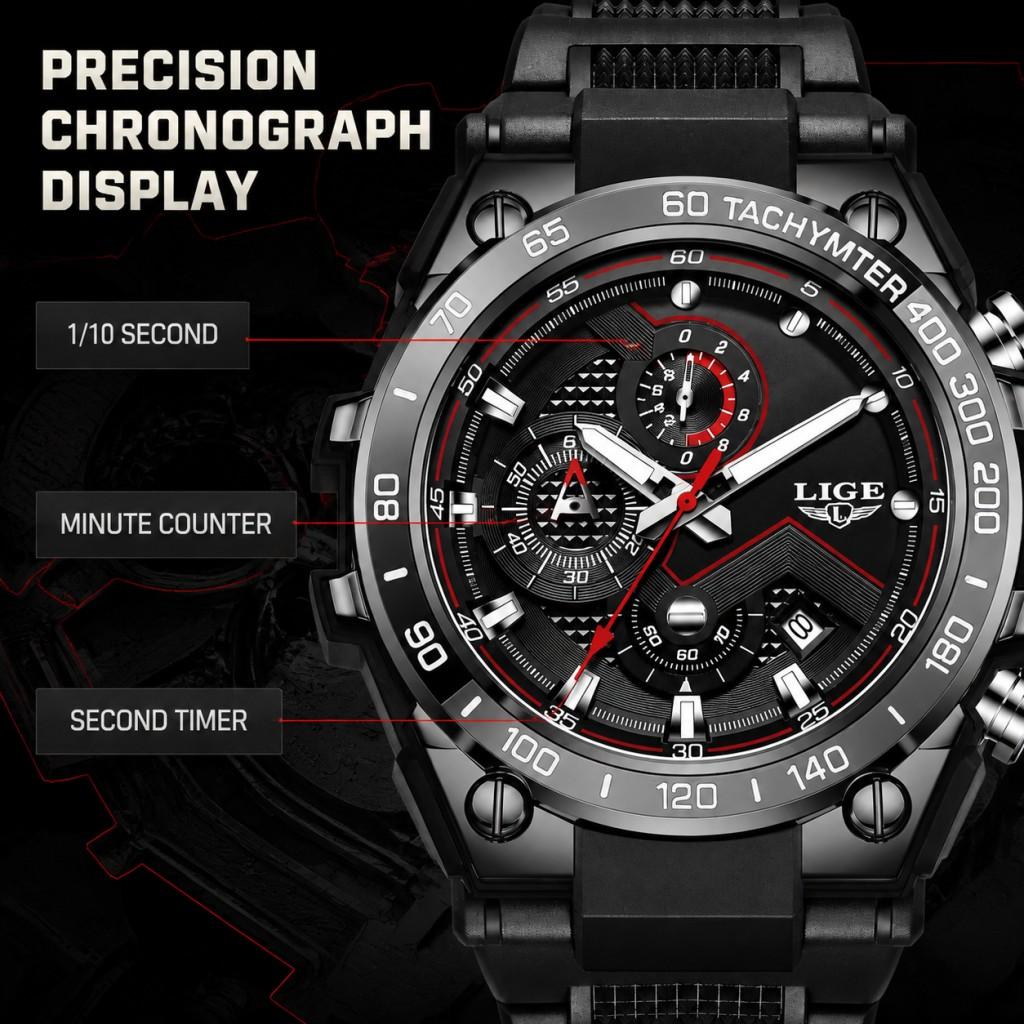 LIGE Sports Men Watch Racing Chronograph Men's Watches Waterproof Luminous Date Watches for Man Silicone Tachymeter Wristwatches