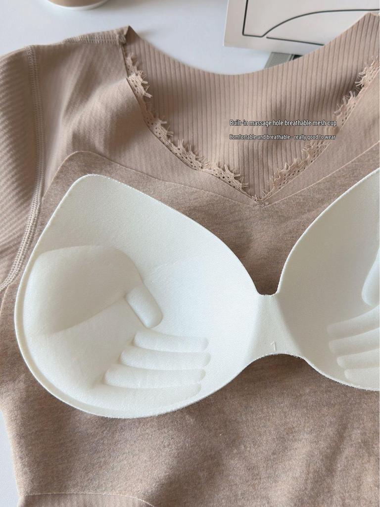 Women's V-Neck Long Sleeve Thermal Set: Warm Ginger Camellia Oil Cashmere Silk Base Layer with Slim Fit Trousers for Autumn.