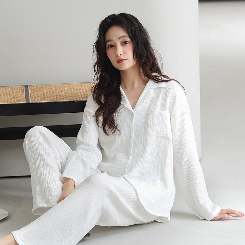 Woven Pure Cotton Pajamas Women's Spring and Autumn New Long-sleeved Loose Double-layer Gauze Sweet and Cute Loungewear Set