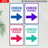 2D Flat Check Please Arrow Design 4‑Pack Metal Signs‑8.0x12.0 Inch Aluminum Wall Art, Multi‑Color Direction Guide Signs, Pre‑Drilled Holes, Bar