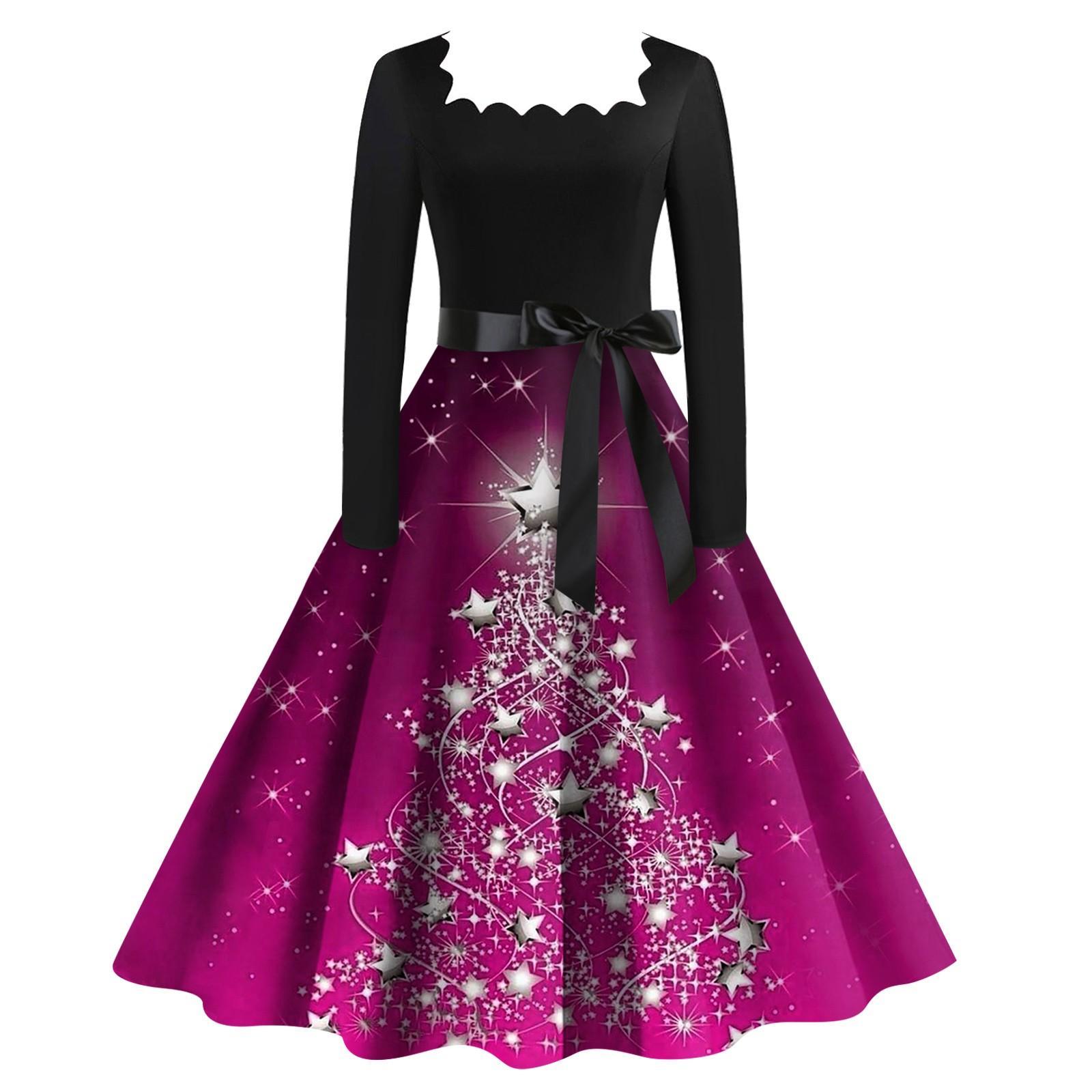 

Женское повседневное модное платье с длинными рукавами и принтом рождественской елки, повседневное платье с вырезом и квадратным вырезом XXL