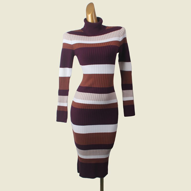 

American Brand Contrast Color Turtleneck Underwear Dress Fashion Wind Stripes Long Sleeves Fall and Winter Thermal Knitting Hip Bag Dress Purple 1XL