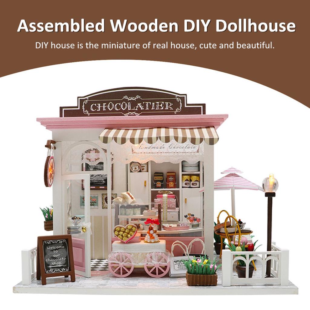 DIY Dollhouse Wooden Miniature Furniture Kit Mini Green House with LED Light New