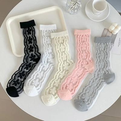Kristály Selyem Zokni Női Nyári Ultravékony Átlátszó Nylon Hosszú Zokni Virágmintás JK Lolita Édes Lányok Japán Kawaii Zokni
