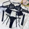 Womens Sheer Lace Bodysuit Set With Garter Belt Thigh Rings
