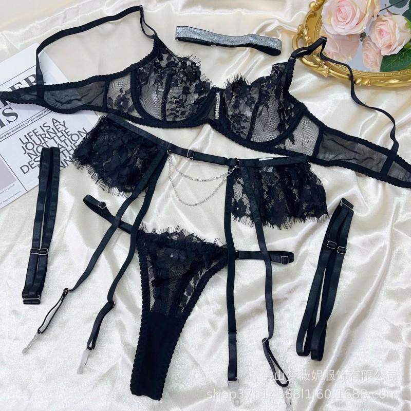 Womens Sheer Lace Bodysuit Set With Garter Belt Thigh Rings