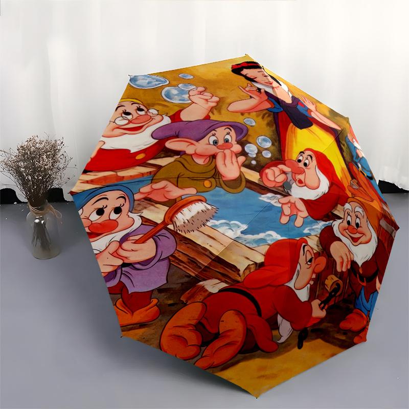 Snow White and the Seven Dwarfs Taking a Bath Automatic Open/CloseCartoon Umbrella-CuteUmbrella with Cute Design, Portable 3-Fold Compact Um