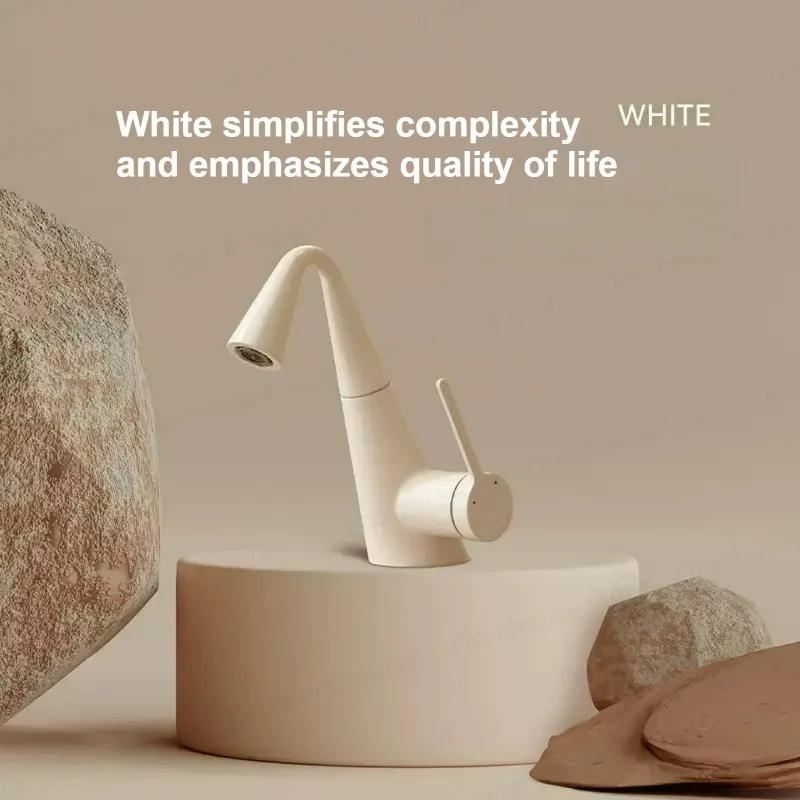 Copper Pull out Sink Faucet Milk White Single Lever Hot Cold Tap Anti-Splash for Bathroom Cabinet Basin Household