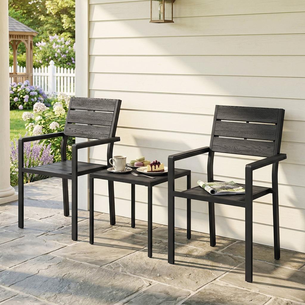 3-Piece Garden Set with 2 Chairs and HDPE Table Wood-Effect Slat Design for Patio Balcony Black