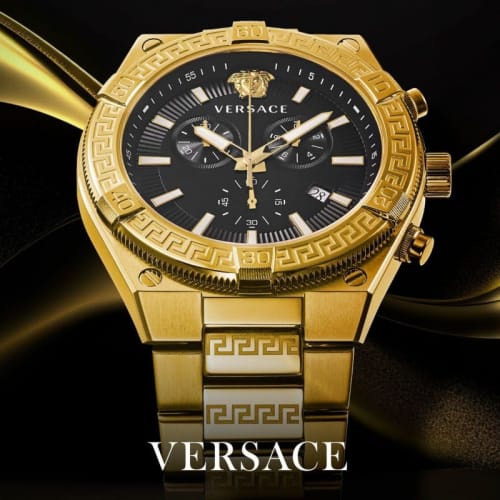 Versace Sporty Greca Watch, 46mm, VESO00922, Men's, Gold, Black Dial, Quartz Movement, Water Resistant, Sapphire Crystal