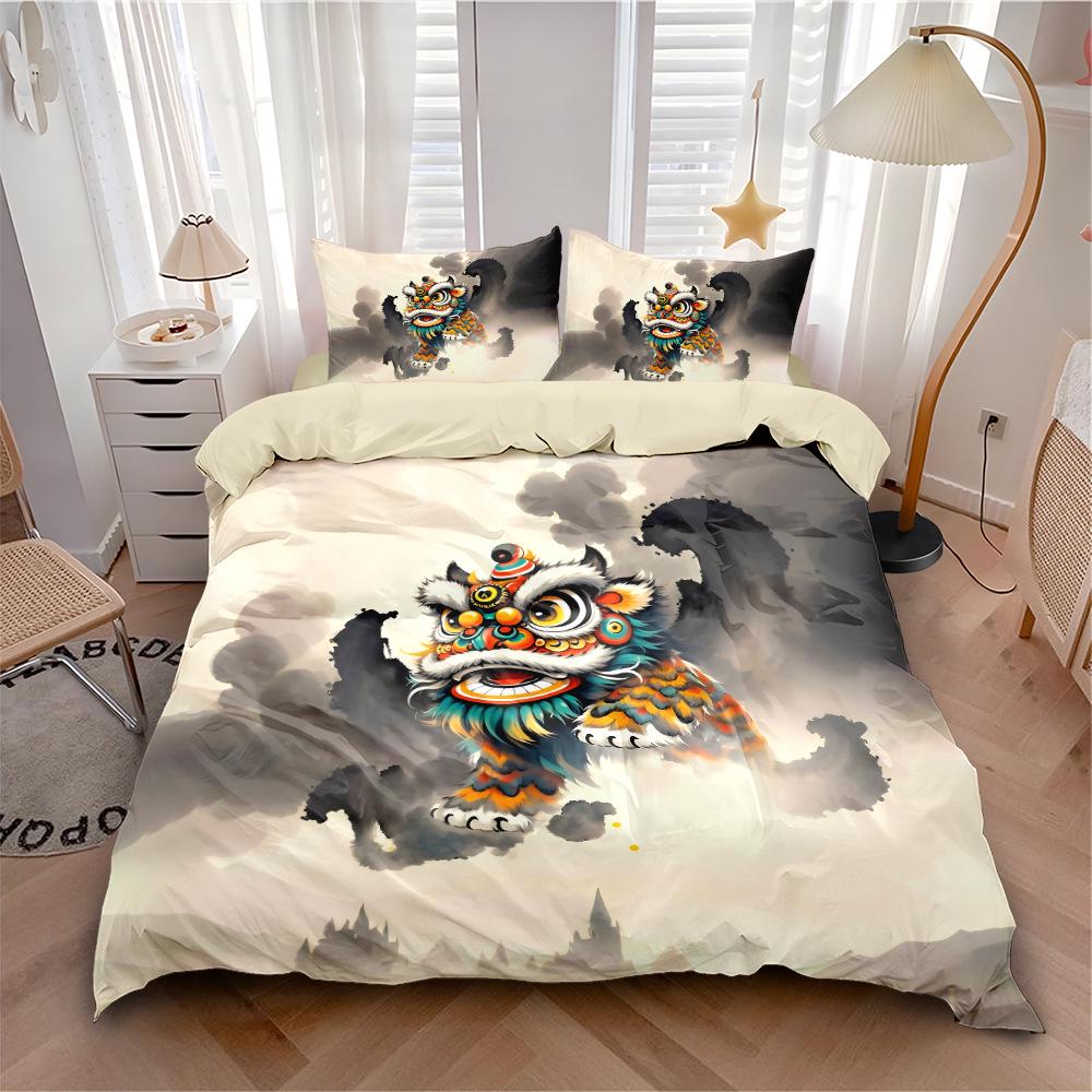 Cool Lion Dance Four-Piece Chinese Style Duvet Set for Boys' Bedroom or Dorm