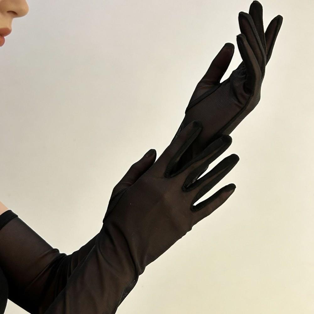 Ultra-thin Transparent Gloves Elbow Mesh Full Finger Gloves Fashion Sunscreen Mittens Bride