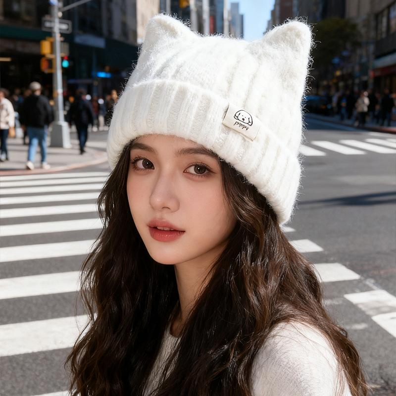Korean Style Cat Ear Woolen Hat for Women Winter New Warm Ear Protection Knitted Hat Showing Face Little Cute Pullover Hat