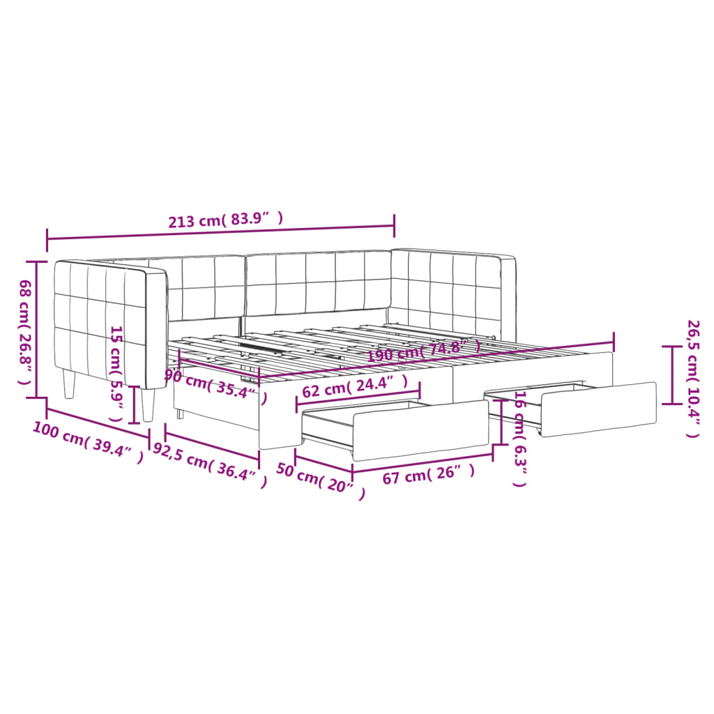 Pull Out Daybed with Drawers Dark Grey 90 X 190 Cm Velvet