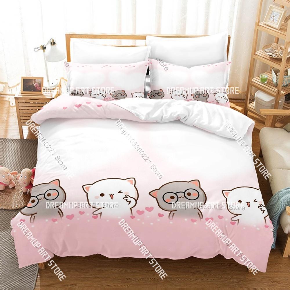 Fashion Adorable Peach And Goma Cat Bedding Set Single Twin Full Queen King Size Bed Set Kids Bedroom Duvetcover Sets Bed