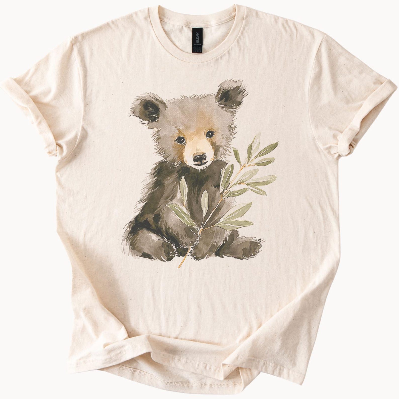 Bear Graphic Shirt Cute Painted Bear Holding Leaves Natural Animal Art Shirt Neutral Earthy Tee 110