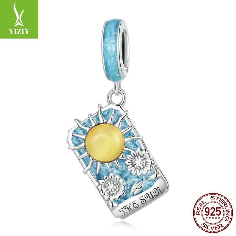 Blue Tarot Sun Pendant, Bohemian 925 Silver Beaded Jewelry Scc2264
