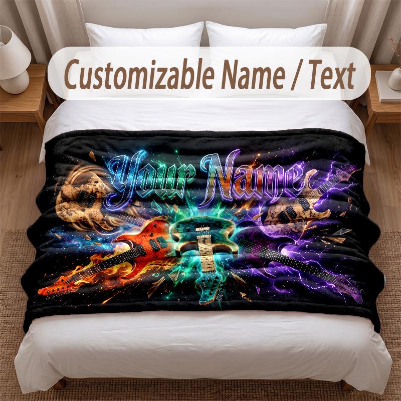 Music Guitar Theme Soft Blanket Personalized Custom Name Text Print Warm Blanket Home Sofa Bedroom Decor