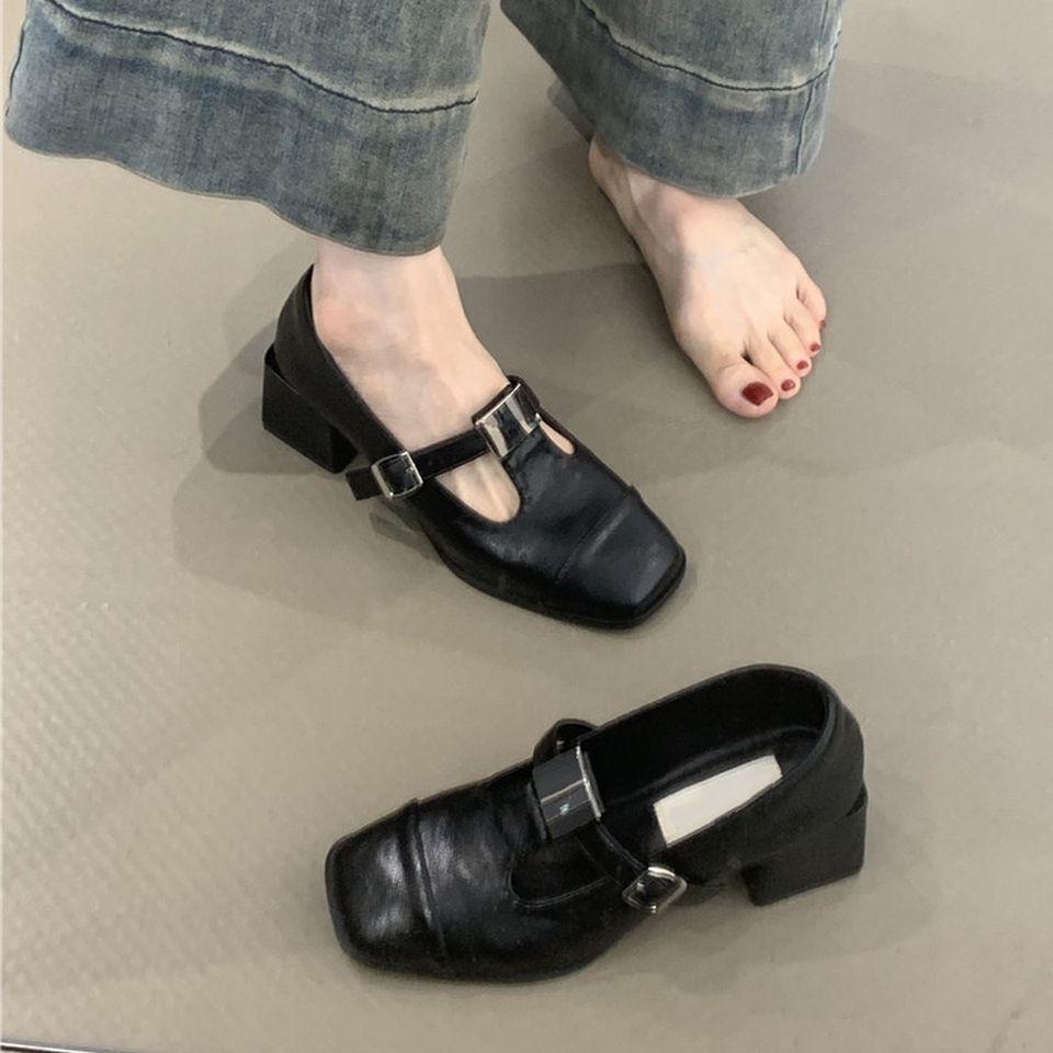 

French square head metal buckle high heel Mary Jane shoes light mouth temperament fashion niche high heels retro thick heel single shoes 40 чёрный