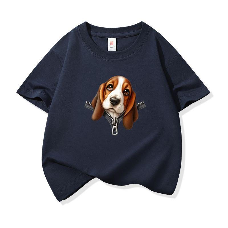 Kids Cotton T Shirt Cute Basset Hound Dog Zipper Print Crew Neck Short Sleeve Tee Casual Breathable Boys Girls Summer Tops