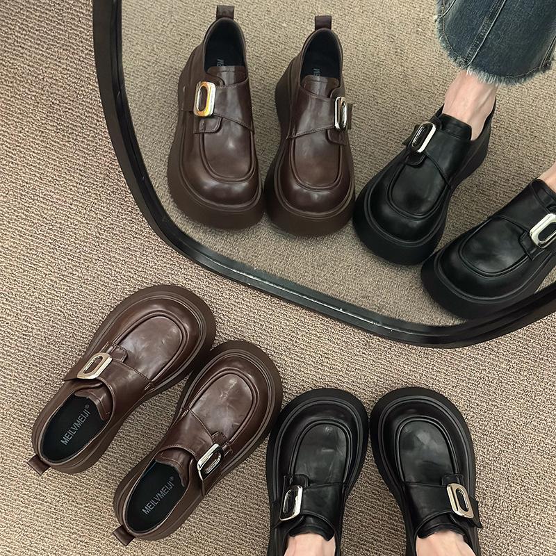 Black Round Head High-end Small Leather Shoes Women's Spring 2025 New Muffin Shoes Platform Sweet Cool Single Shoes Loafers