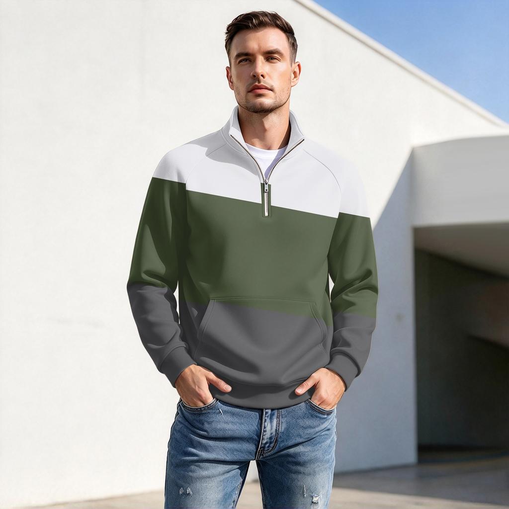 Men's Casual Zip Pullover Top with Stripe Print, Stand Collar, Wrinkle- Fall Winter Athletic Wear