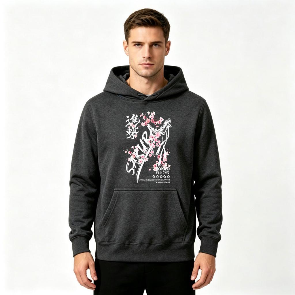 Men's Tokyo Sakura Cherry Blossom Samurai Katana Japanese Kanji Print Hoodie Casual Streetwear Long Sleeve Pullover Hooded Sweatshirt For Adult Male