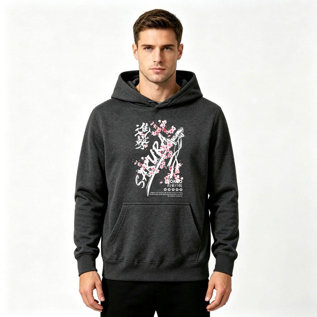 Men s Tokyo Sakura Cherry Blossom Samurai Katana Japanese Kanji Print Hoodie Casual Streetwear Long Sleeve Pullover Hooded Sweatshirt For Adult Male S