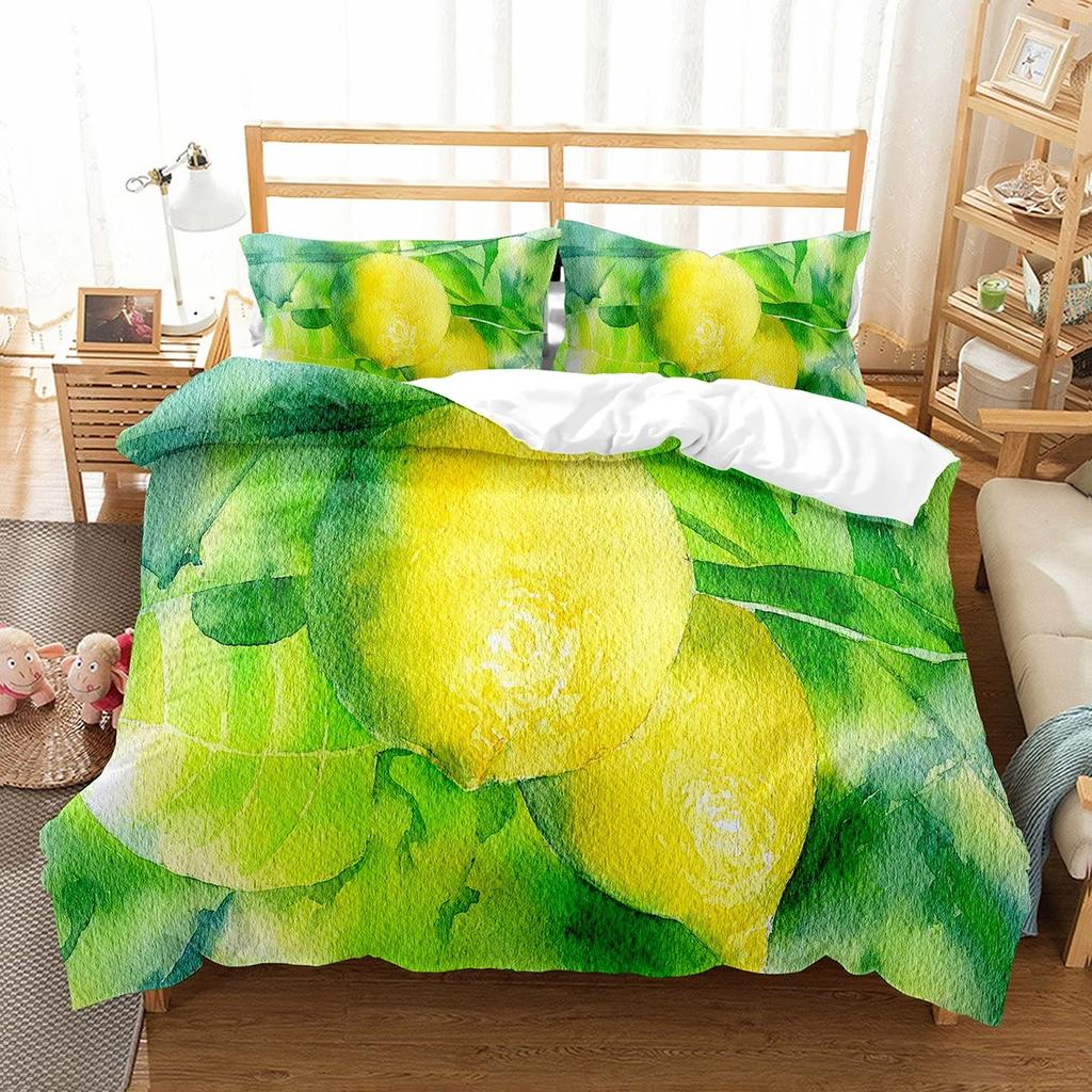 Set de lenjerie de pat cu husă de pilotă cu model de fructe proaspete, husă de pilotă dublă, single, dimensiune King, pentru copii, adolescenți și adulți, set de lenjerie de pat