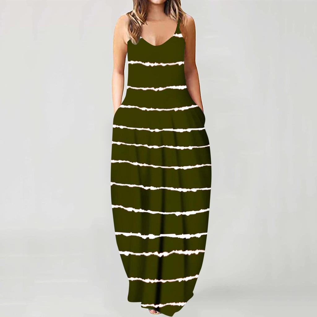Fashion Women's Loose Casual Summer Striped Print Pocket Sling Sleeveless Dress