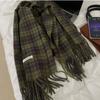 Retro Green Plaid Wool Scarf Plush Cape Wraps Elegant Long Shawl  Autumn Winter
