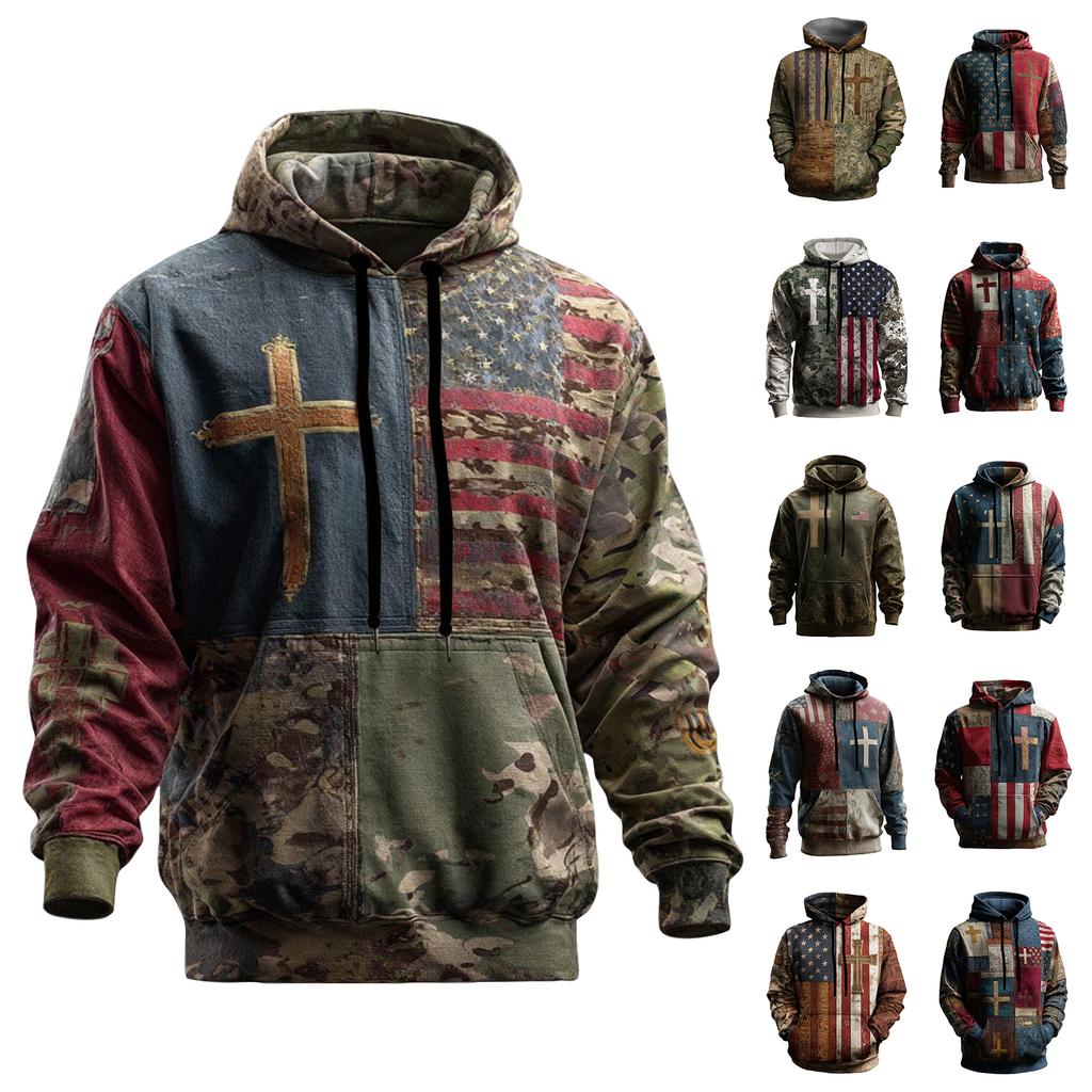 Men's Vintage Casual American Flag Cross Hoodie Patriotic Shirt