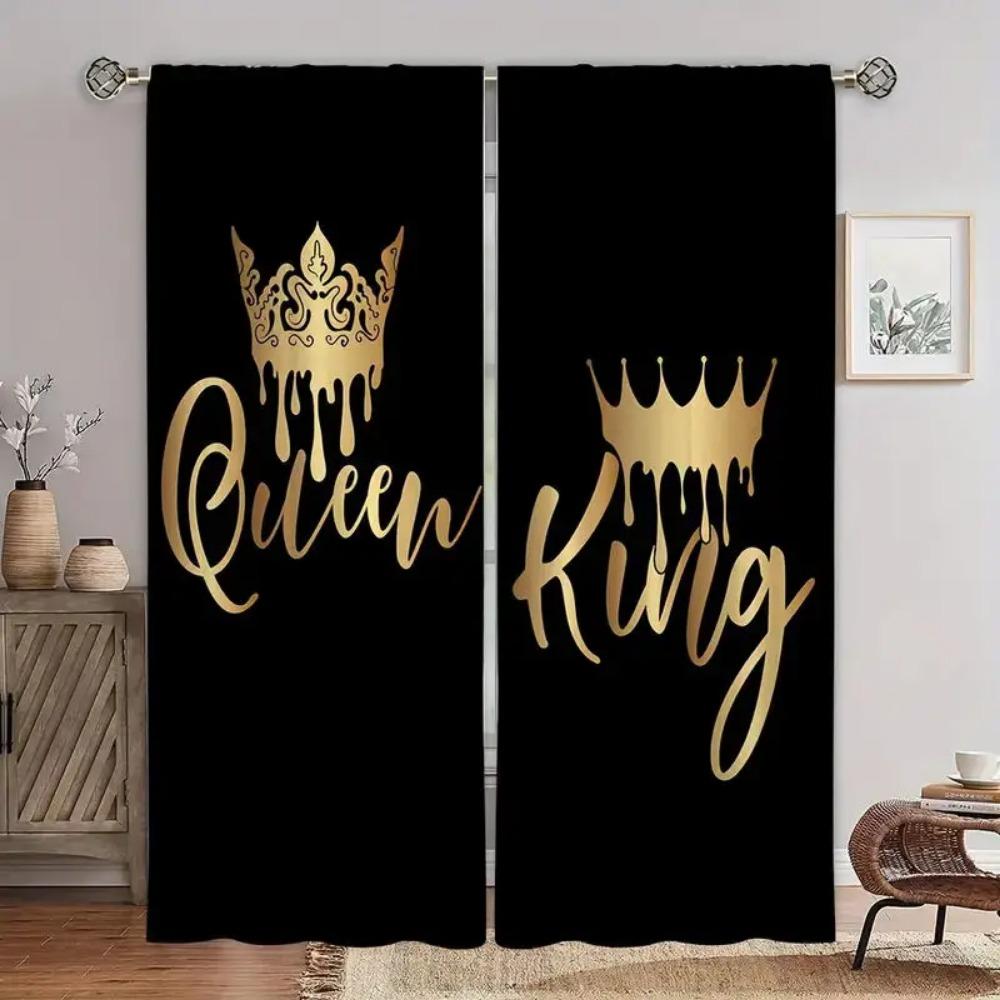 Simple King and Queen Crown Print Window Curtains, Black and White Color, Creative, Bedroom, Living Room, Kitchen