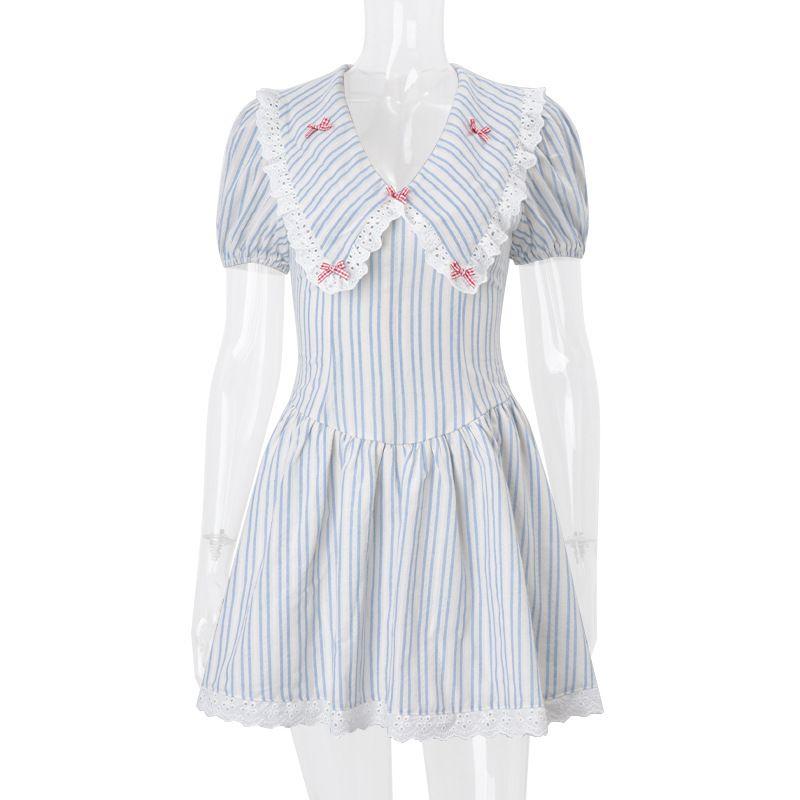 

Sweet Girl Dress Western Style Sweet Girl Frill Lapel Stripe Print Waist Hugging Dress Women Blue L