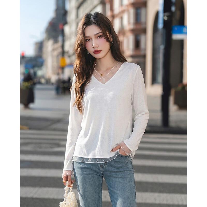 TERRE BLEUE Women's V-Neck Mesh Splicing Long Sleeve T-shirt