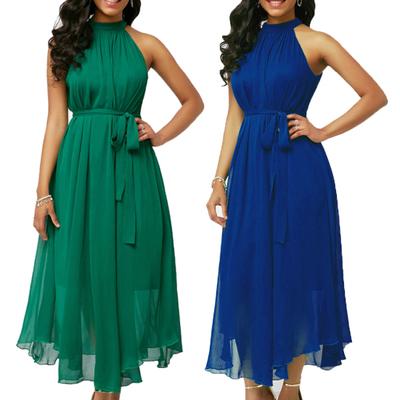 Übergröße Damen Sommer Einfarbig Plissiert Chiffon Ärmellos Gürtel Maxi Kleid