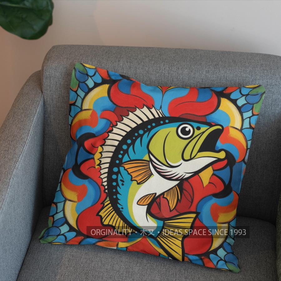 2D Colorful Fish With Geometric Pattern Pillow Cover Pattern Cushion Cover Suitable For Sofa Bedroom Car Pillow Cover