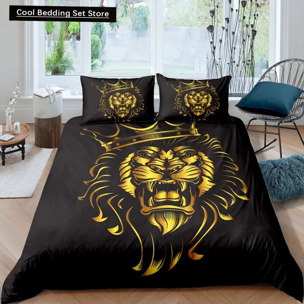 Rei Leão Rainha Capa de Edredom Conjunto de Cama Animal Relâmpago Leão Dourado 2/3 Peças Capa de Edredom Cinza Preto Dourado Poliéster Capa de Edredom