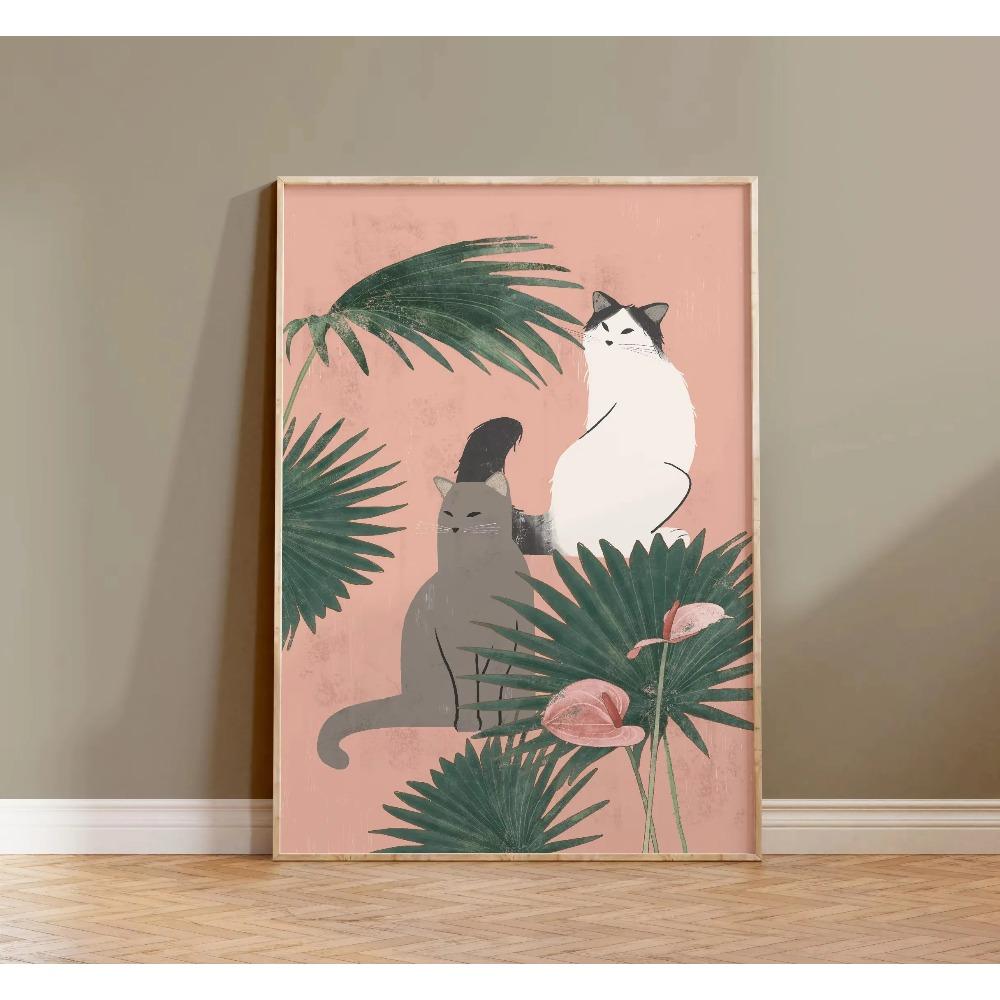 Watercolor Cute Kittens Potted Plant Canvas Print Cartoon Green Plants Animals Wall Art Postes for Modern Living Room Home Decor