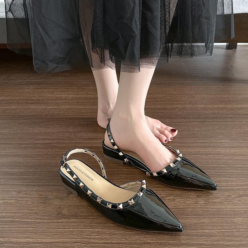 W9925-25 Rivet single shoes women's thick heel pointed nude French high heels 2025 women's summer new side empty sandals