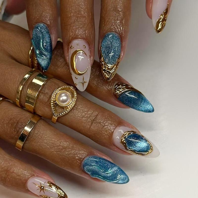 

24Pcs False Nail with Glittering Cats Eye Design and Ocean Star Sparkles ABS for Quick Wear and Occasions 1