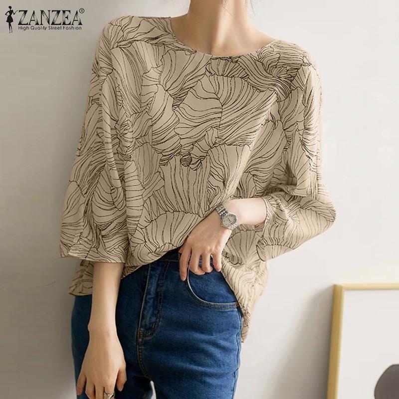

ZANZEA Женская повседневная свободная летняя блузка с круглым вырезом и рукавами 3/4 с принтом, топы
