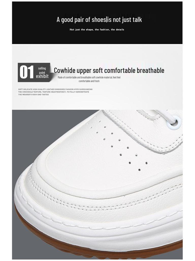 Men's Genuine Leather Crooked Head White Sneakers - Spring, Versatile, Thick Sole, Breathable, Hollow Casual Board Shoes