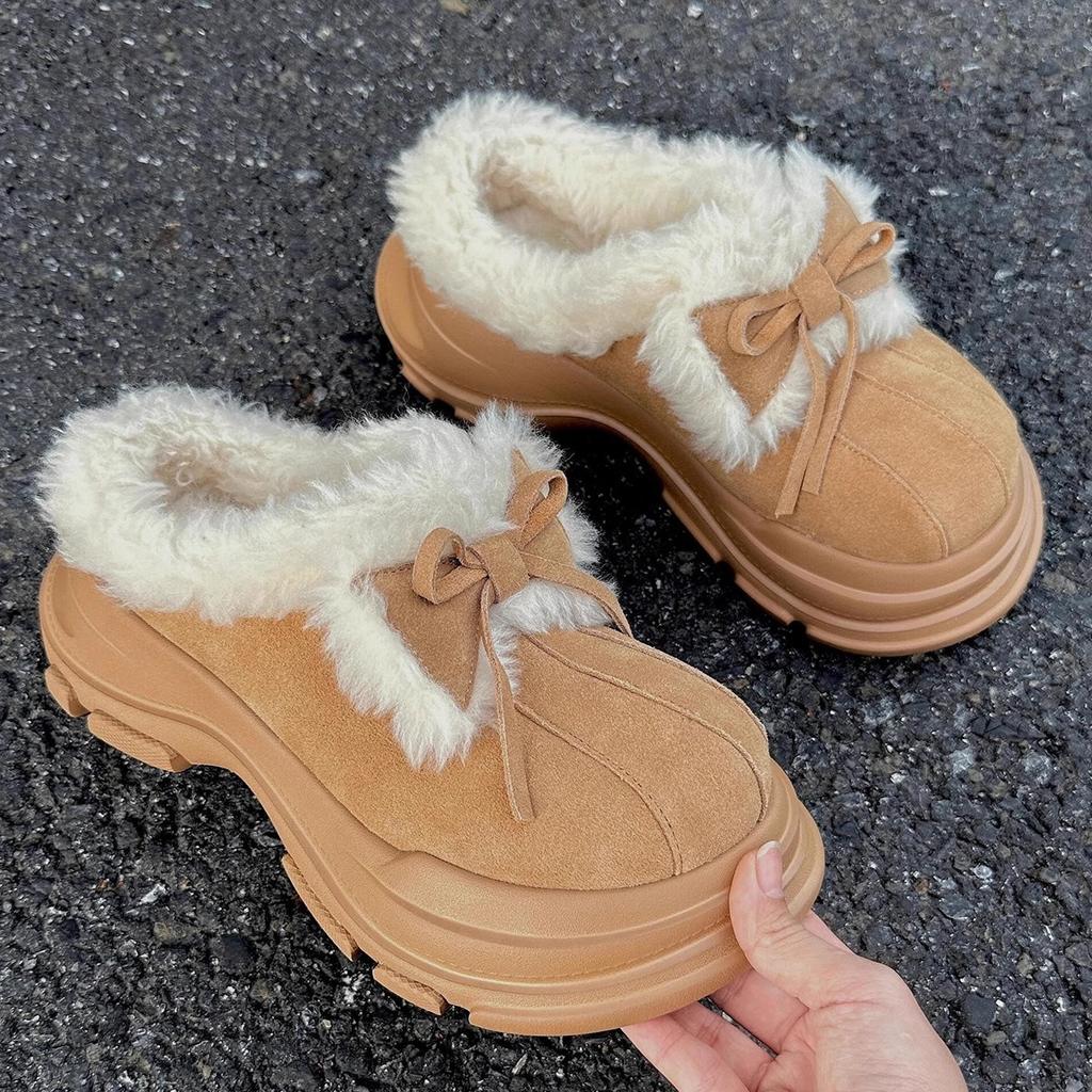 Fashion Cute Butterfly Knot Slip-On Half Slippers Women's Fashion Thick Bottom Wool Snow Boots Round Toe Rubber Sole Winter Shoes